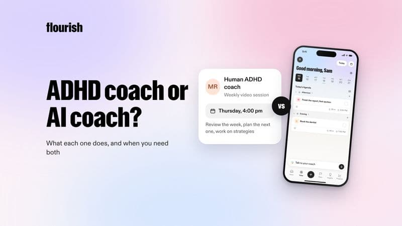 ADHD coach or AI coach? A human coach's weekly session card next to the Flourish Today screen