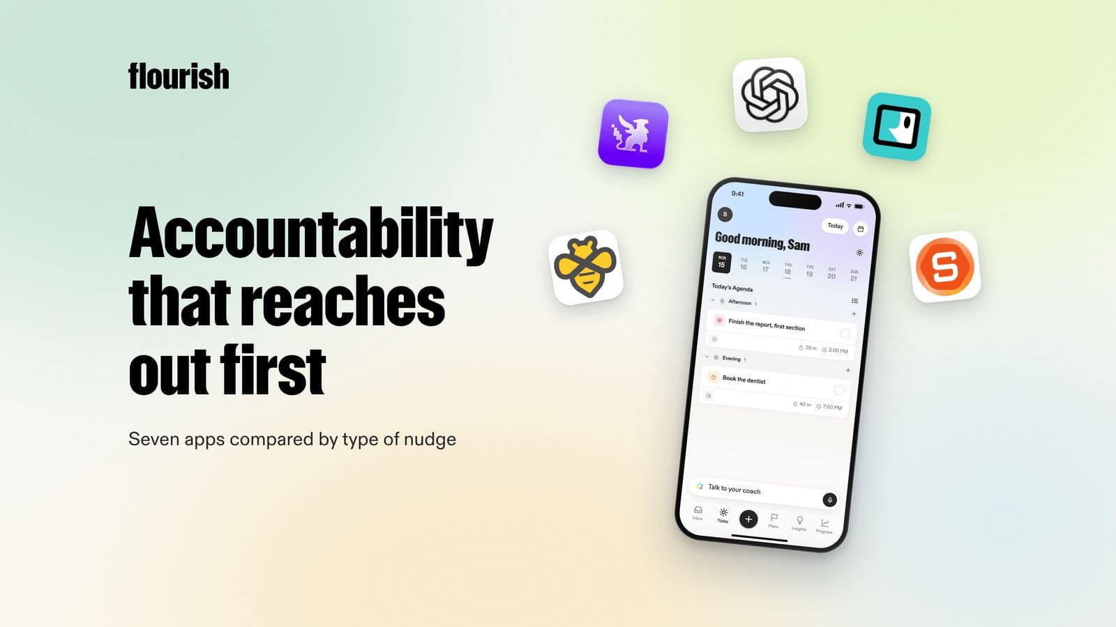 Accountability that reaches out first: accountability app icons in an arc above the Flourish Today screen