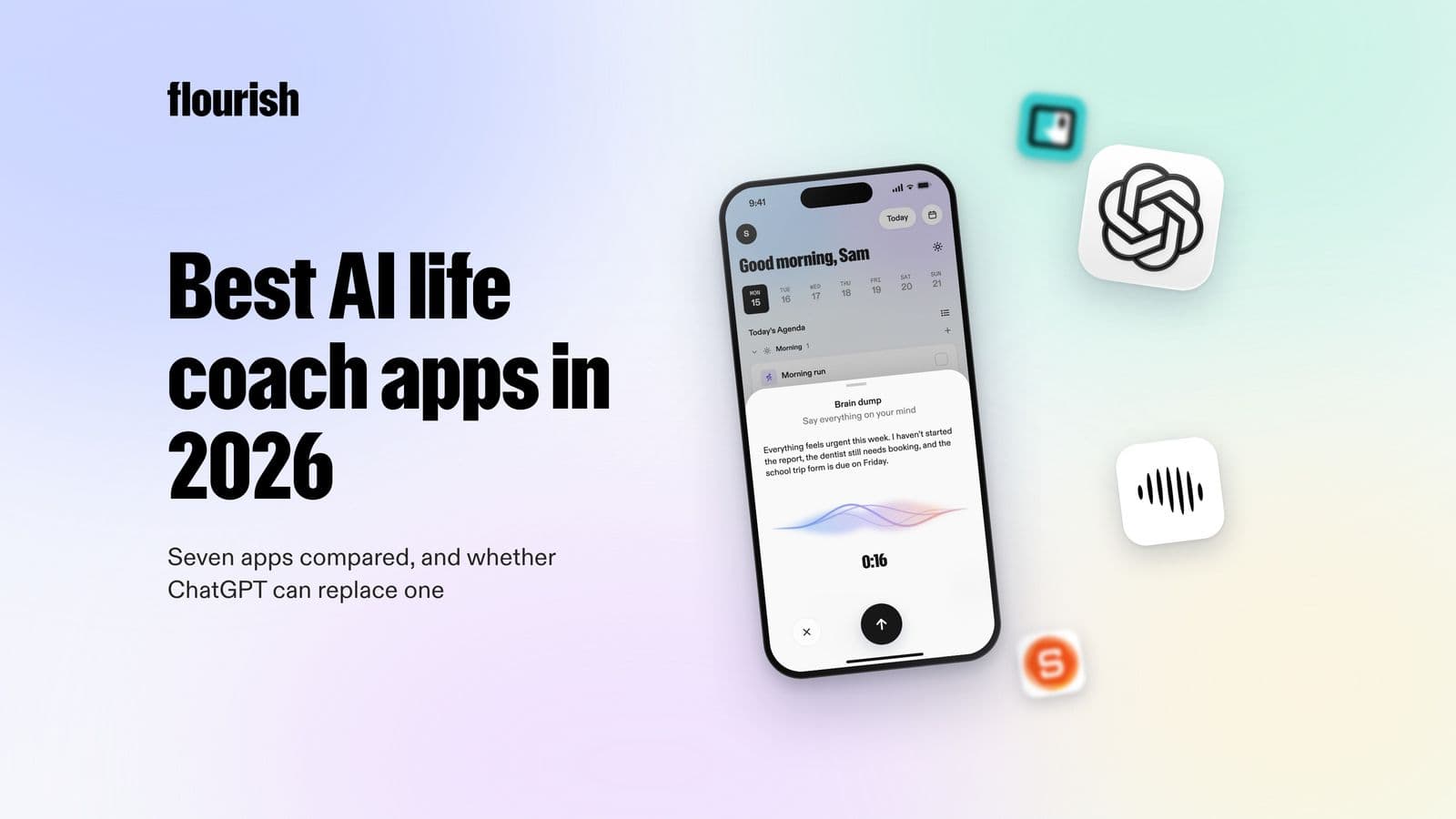 Best AI life coach apps in 2026: the Flourish brain dump screen with ChatGPT and other coaching app icons
