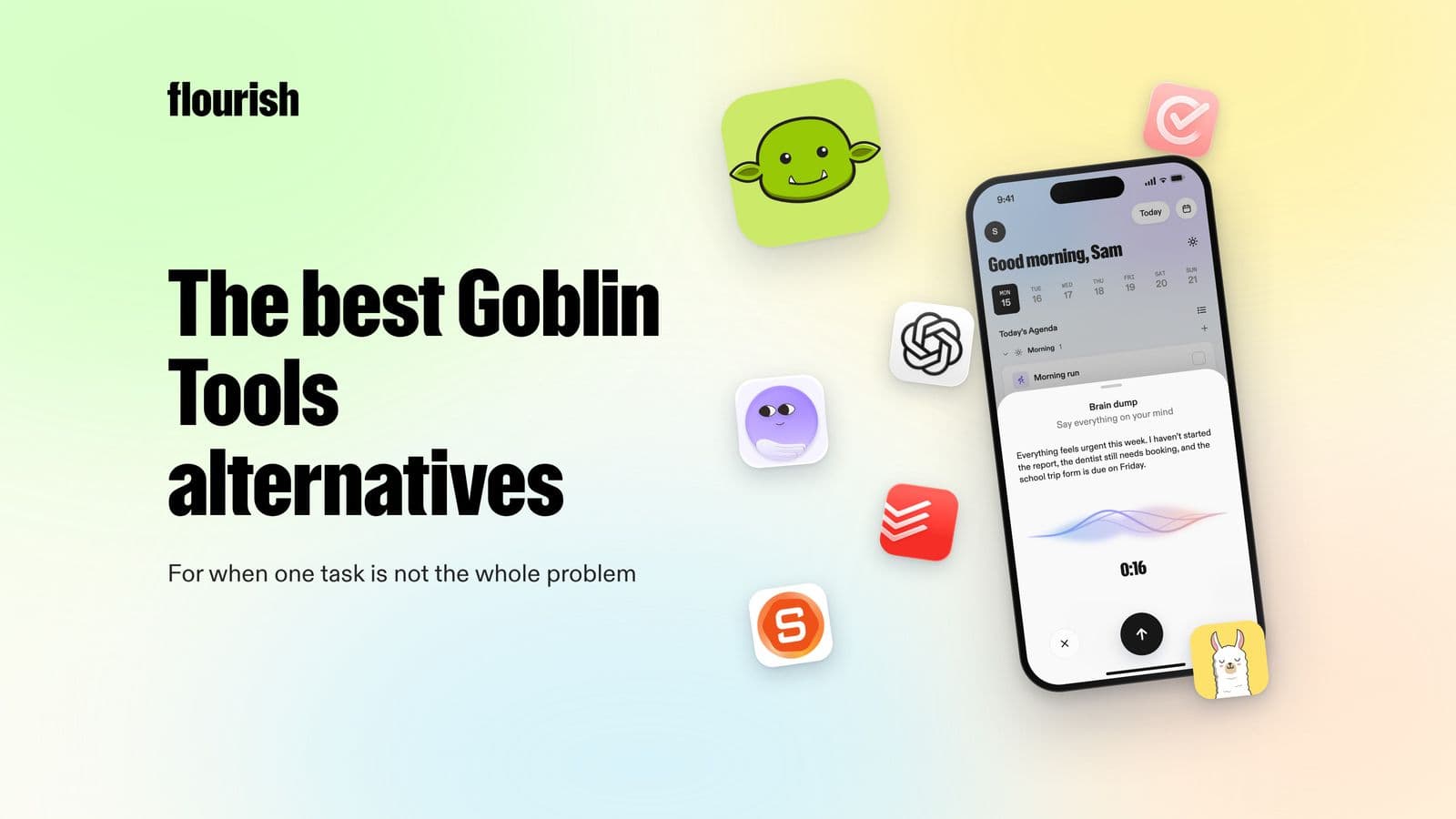 The best Goblin Tools alternatives: the Goblin Tools icon and other app icons beside the Flourish brain dump screen